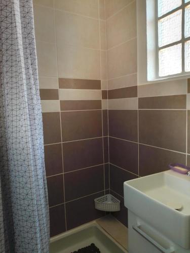 une salle de bain avec un lavabo et des toilettes et une fenêtre dans l'établissement Typical Toulon apartment 50M beaches, à Toulon