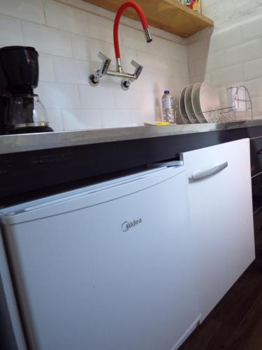 a kitchen counter with a sink and a white dishwasher at Chale 66 em Monte Verde in Monte Verde