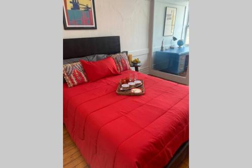 ein rotes Sofa mit einer roten Decke in einem Zimmer in der Unterkunft Lower east side Nyc in Old Bisbee in Bisbee