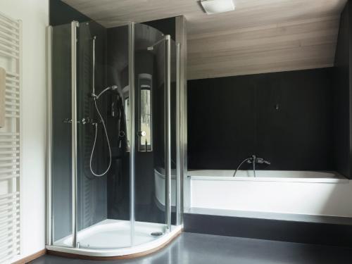 a glass shower in a bathroom with a tub at Alpenrose Boutique Chalet Gretl in Ramsau am Dachstein