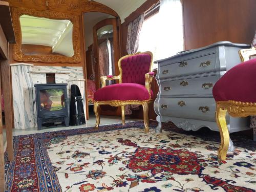 a living room with a fireplace and a stove at Gipsy Home in Nieuwleusen