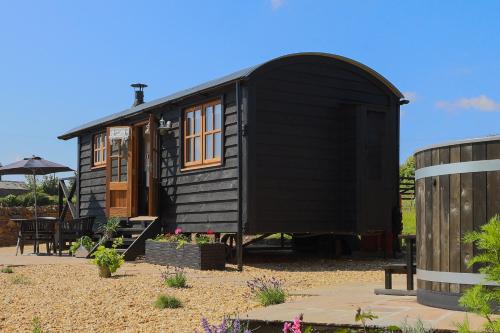 a black tiny house sitting in a yard at Daisy Park Shepherds Hut in Looe