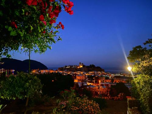 Blick auf die Stadt in der Nacht in der Unterkunft Hotel Villa Diana in Lipari