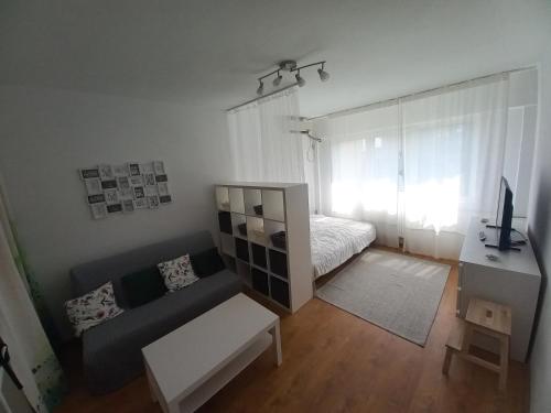 - un petit salon avec un canapé et un lit dans l'établissement Garsoniera Comfort, à Bucarest