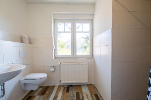 a bathroom with a toilet and a sink and a window at Gästehaus Djuren in Roggenstede