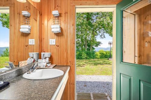 a bathroom with a sink and a large window at Green River Lodge in Saluda