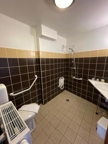 a bathroom with a toilet and a sink at Le Campcardos in Porta