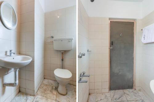 two pictures of a bathroom with a toilet and a sink at Hotel Pearls in Salem