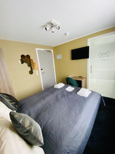 a bedroom with a large bed with pillows on it at Hotel Du Commerce in Oostburg