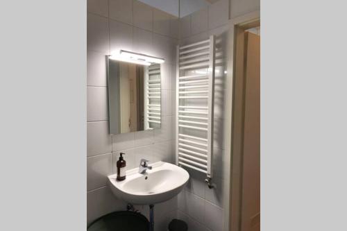 a bathroom with a sink and a mirror at charmant Leben im Textilviertel_zentral & ruhig in Augsburg