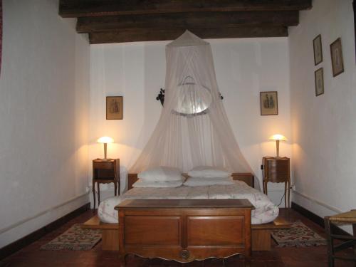 Schlafzimmer mit einem Bett mit Moskitonetz in der Unterkunft Le Paquier De Vismoux in Visemoux