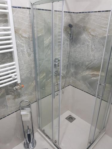 a shower with a glass door in a bathroom at Apartman Majaa in Banja Koviljača