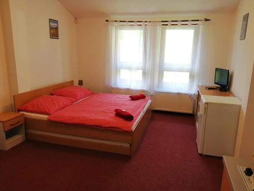 a bedroom with a bed with red sheets and two windows at Apartmány pod vlekem in Horní Maršov