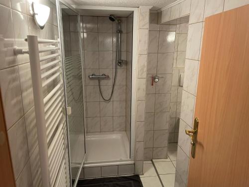クロルト・ゴーリッシュにあるFerienwohnung Mutzelmannのバスルーム(ガラスドア付きのシャワー付)