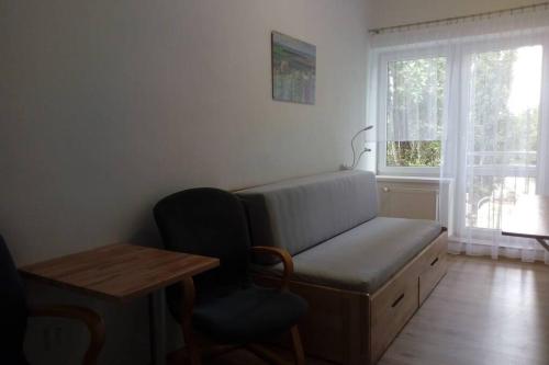 Zimmer mit einem Bett, einem Tisch und einem Fenster in der Unterkunft Apartmán U parku ve Strážnici - Jižní Morava in Strážnice