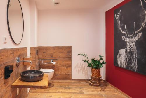 a bathroom with a toilet and a sink with a mirror at Landgasthaus Sonne in Freudenstadt