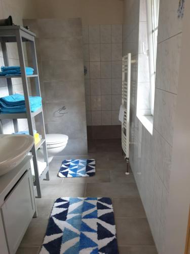 a bathroom with a sink and a toilet with blue and white rugs at An der Schafsweide in Aukrug