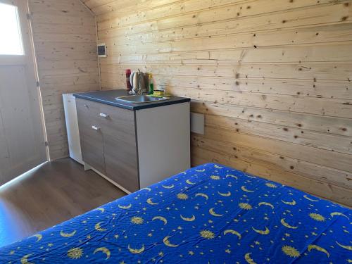 a small kitchen with a sink and a bed in a room at Camp Din in Novigrad Istria