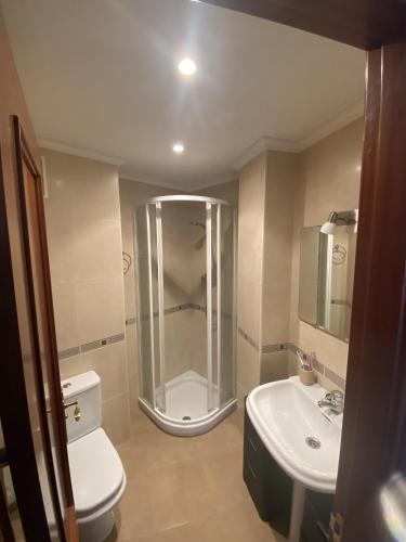 a bathroom with a shower and a toilet and a sink at Coto Carcedo in Salinas