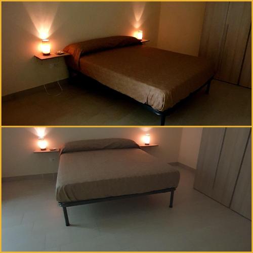 two pictures of a bed in a room with two lights at SPARTA in Ercolano