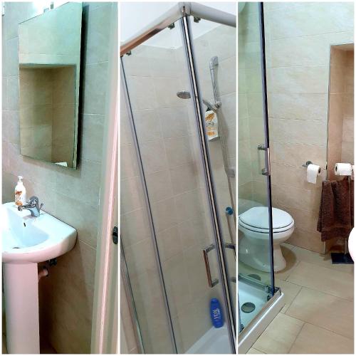 a bathroom with a shower and a sink and a toilet at SPARTA in Ercolano