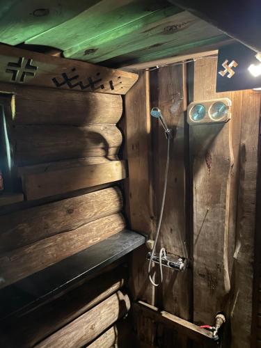 ein Bad mit einer Holzwand und einer Dusche in der Unterkunft Pirtiņa in Ogre