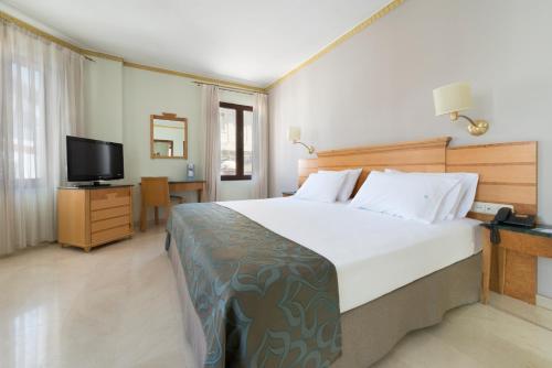 a bedroom with a large bed and a television at Eurostars Maimonides in Córdoba
