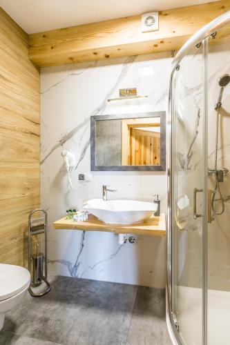 a bathroom with a sink and a shower at Dom Wczasowy Tatrzański in Szaflary