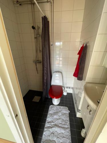 a small bathroom with a red toilet and a tub at Projekt Schwedenalm in Furudal