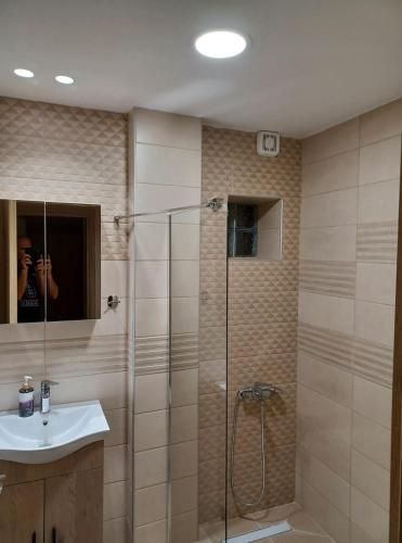 a person taking a picture of a shower in a bathroom at Ladenis Studios in Nea Plagia