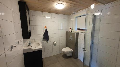 a bathroom with a toilet and a sink and a shower at Holiday Home Kvernesfjorden in Averoy