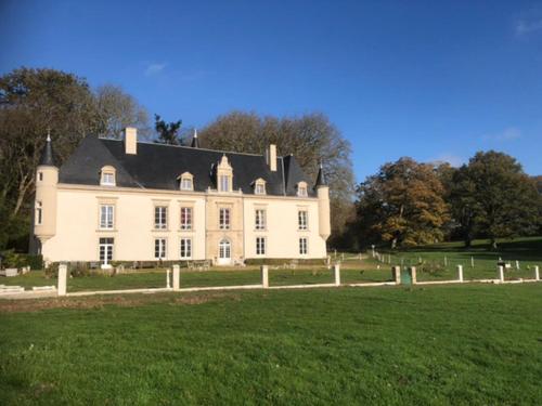 une grande maison blanche dans un champ d'herbe dans l'établissement Château de Monhoudou, à Monhoudou