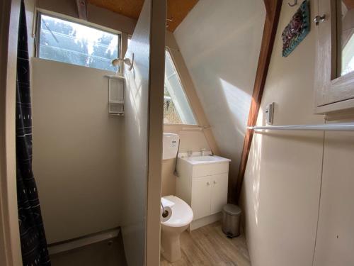 a small bathroom with a toilet and a window at 9 Chalet Cres in Hanmer Springs