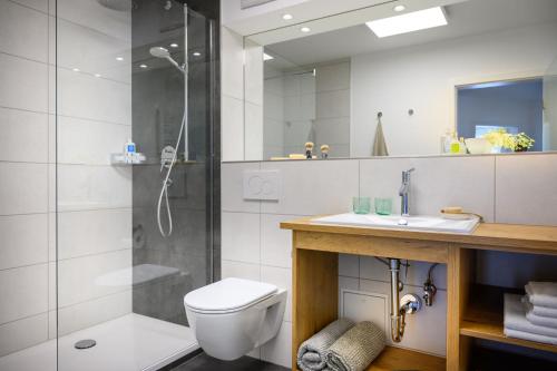 a bathroom with a shower and a toilet and a sink at Kurviertel Wohnung III in Überlingen