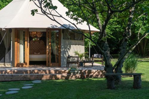 a gazebo with a tree in the yard at Glamping Canonici di San Marco in Mirano