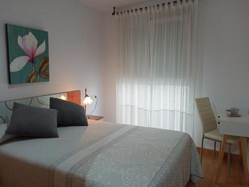 een slaapkamer met een bed, een bureau en een raam bij Solaina Parking gratuito in Viveiro