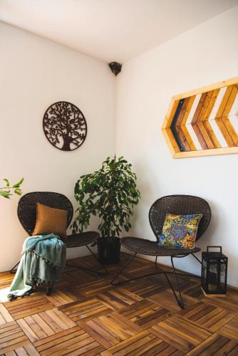 a room with two chairs and a table and a plant at Craita Merelor The PLACE in Aninoşani