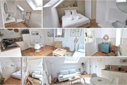 un collage di foto di una camera da letto e di un soggiorno di Le repaire du Cap-hornier a Rezé
