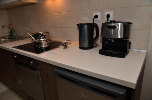 a kitchen counter with a coffee maker on it at Astacos Studios in Paleokastritsa