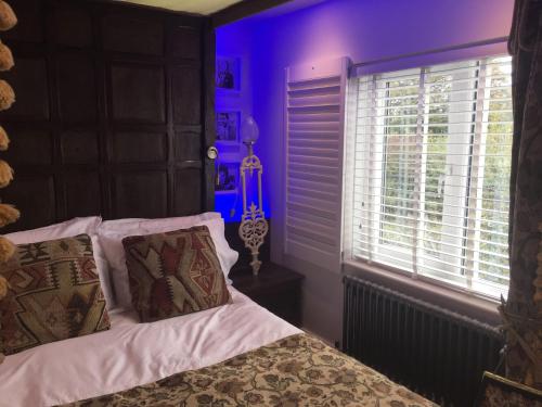 a bedroom with a bed and a window with purple lighting at Varr House @ Meadow View in Woodmancote