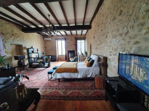 a bedroom with a bed and a tv in a room at Le Mas Réolais in Saint-Sève