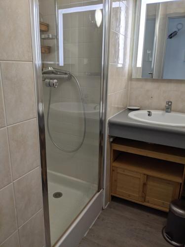 uma casa de banho com um chuveiro e um lavatório. em Bol d'air pur au coeur du pays basque em Souraïde