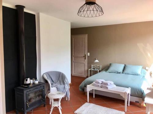 a bedroom with a bed and a table and a chair at Chambres d'hôtes Mas La Tardosse in Prats-de-Mollo-la-Preste