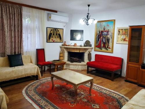 a living room with a couch and a fireplace at Unique Traditional House, hosted by J&G in Tirana