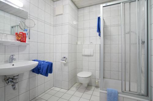 uma casa de banho com um chuveiro, um WC e um lavatório. em Pension Martinus em Neustadt an der Donau
