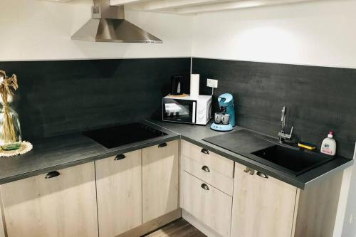 une cuisine avec un évier et un plan de travail dans l'établissement Le Cosy bohème Abbeville baie de Somme, à Abbeville