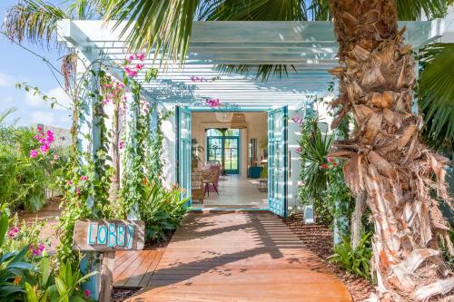 a hallway of a house with plants and a palm tree at Boardwalk Boutique Hotel Aruba in Palm-Eagle Beach