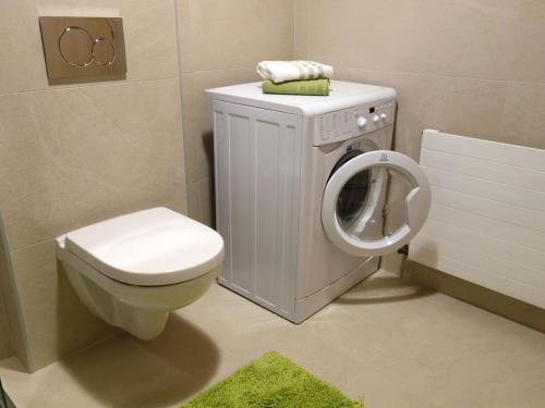 uma casa de banho com um WC e uma máquina de lavar roupa em Ferienwohnung Mariner Inzing em Inzing