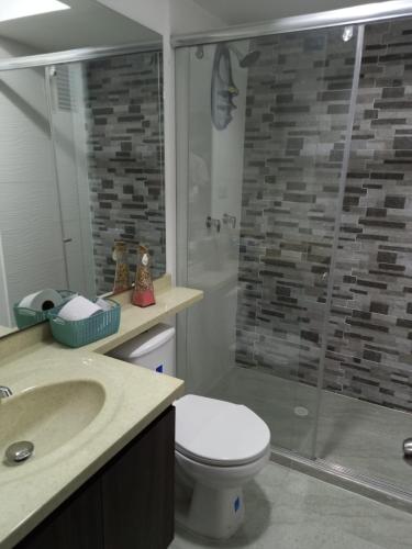 a bathroom with a shower and a toilet and a sink at Excelente Apartamento Ricaurte, Puerto Azul Torre 10 Apto 208 in Ricaurte