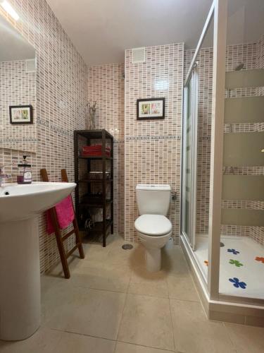 a bathroom with a toilet and a shower and a sink at El Mirador de La Hayuela, a 7 min de Comillas in Comillas